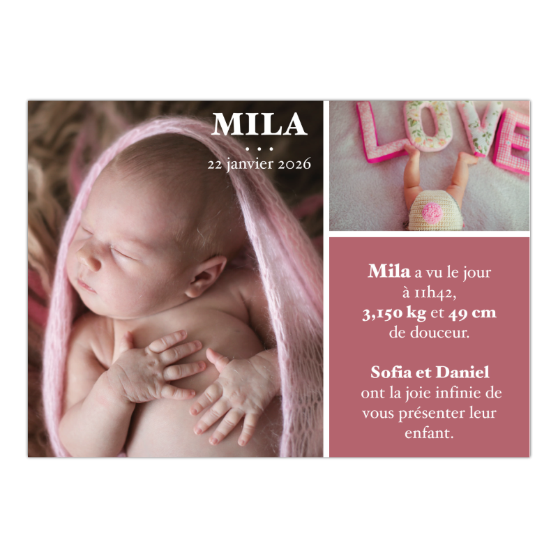 Faire part naissance - Rose - 2 photos