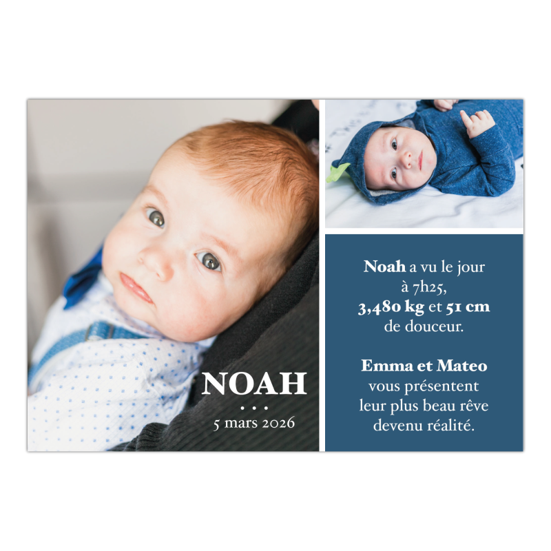 Faire part naissance - Bleu - 2 photos